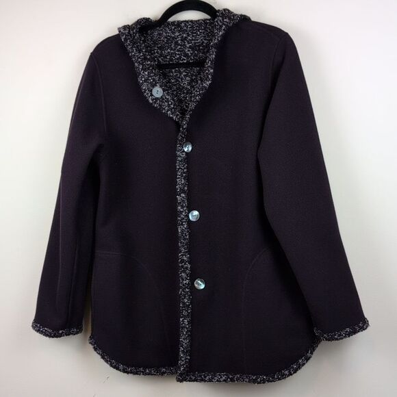 J. Jill purejill Reversible Marled Dark Fig Jacket Button Front Hooded Coat Cozy - Picture 9 of 10